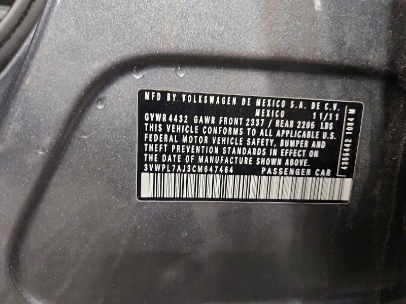 51371716 :رقم المزاد ، 3VWPL7AJ3CM647464 vin ، 2012 Volkswagen Jetta مزاد بيع