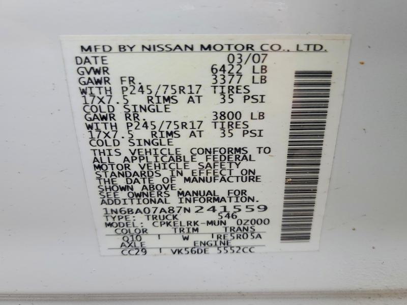 Aukcja sprzedaży 2007 Nissan Titan, vin: 1N6BA07A87N241559, numer aukcji: 51099936