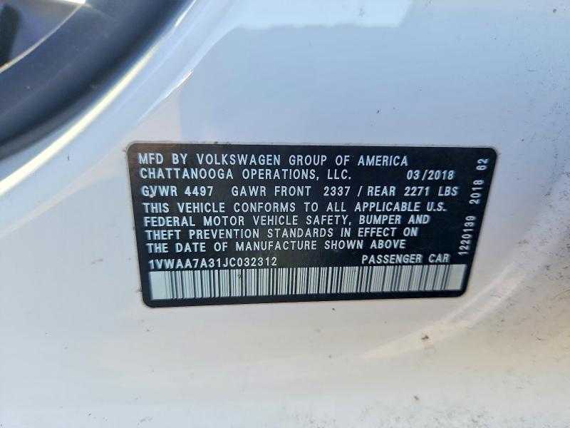 51098106 :رقم المزاد ، 1VWAA7A31JC032312 vin ، 2018 Volkswagen Passat مزاد بيع