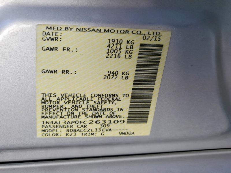 50316496 :رقم المزاد ، 1N4AL3AP0FC263109 vin ، 2015 Nissan Altima مزاد بيع