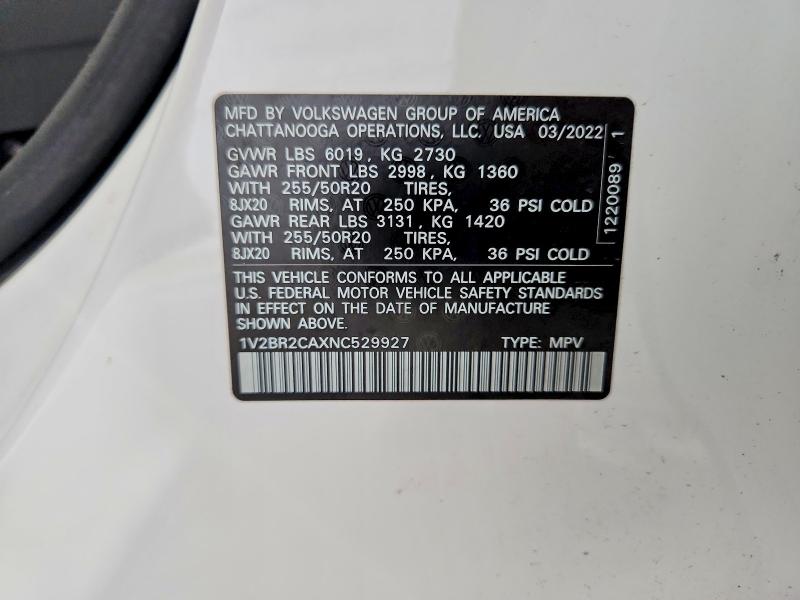 2022 Volkswagen Atlas მანქანა იყიდება აუქციონზე, vin: 1V2BR2CAXNC529927, აუქციონის ნომერი: 47830436