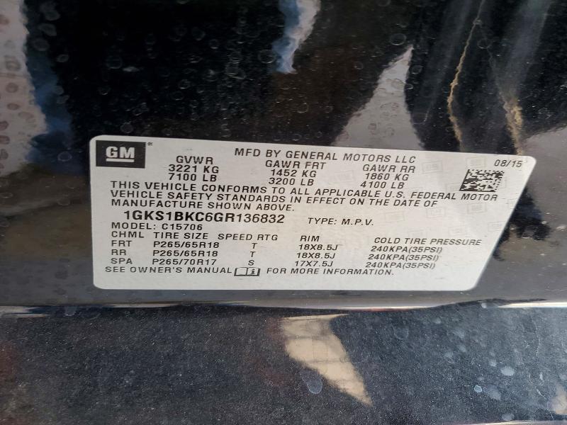 50260306 :رقم المزاد ، 1GKS1BKC6GR136832 vin ، 2016 Gmc Yukon مزاد بيع