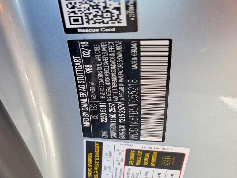 50643076 :رقم المزاد ، WDD1K6FB5JF055218 vin ، 2018 Mercedes-benz E مزاد بيع