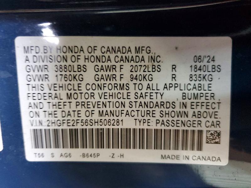 Aukcja sprzedaży 2025 Honda Civic, vin: 2HGFE2F56SH506281, numer aukcji: 49837316