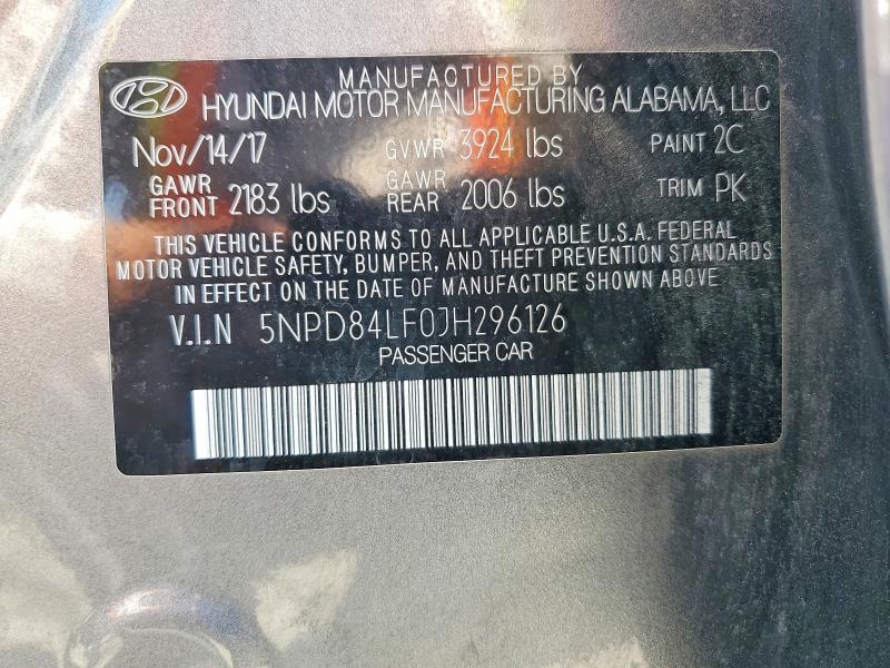 49285996 :رقم المزاد ، 5NPD84LF0JH296126 vin ، 2018 Hyundai Elantra مزاد بيع