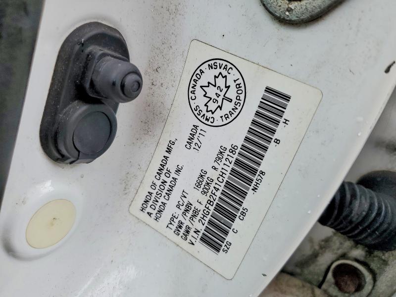 2012 Honda Civic მანქანა იყიდება აუქციონზე, vin: 2HGFB2F41CH112186, აუქციონის ნომერი: 49954226