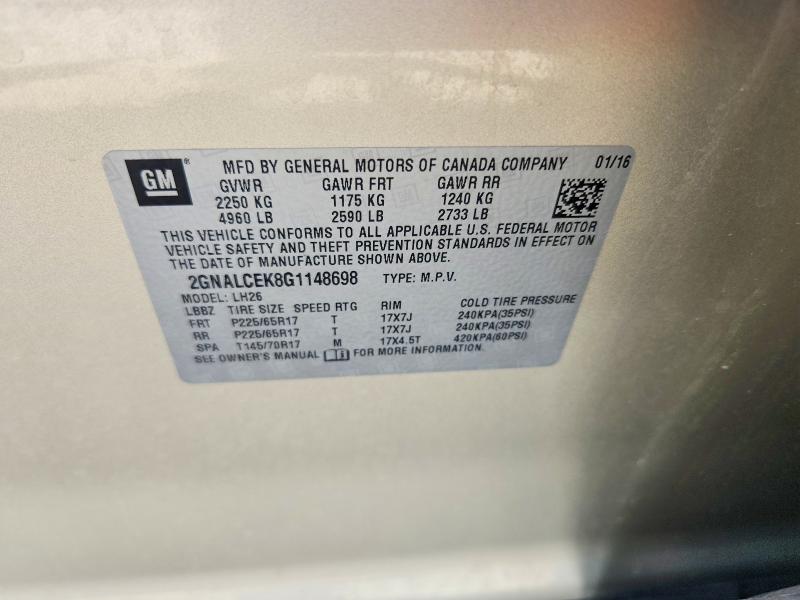 2016 Chevrolet Equinox მანქანა იყიდება აუქციონზე, vin: 2GNALCEK8G1148698, აუქციონის ნომერი: 48872786