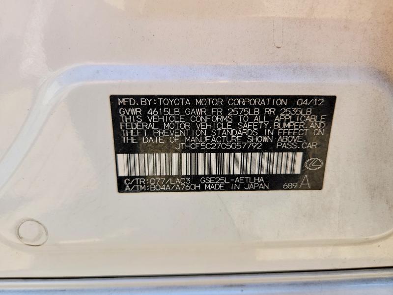 Aukcja sprzedaży 2012 Lexus Is, vin: JTHCF5C27C5057792, numer aukcji: 49963396