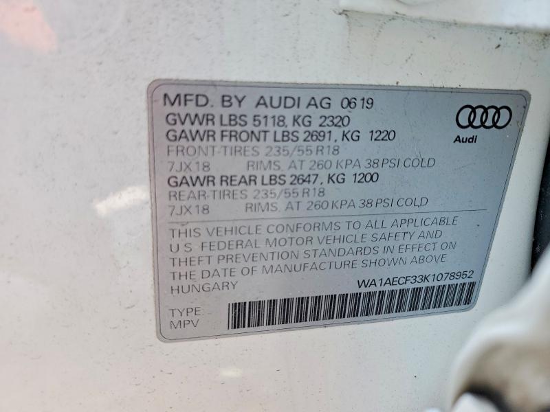 2019 Audi Q3 მანქანა იყიდება აუქციონზე, vin: WA1AECF33K1078952, აუქციონის ნომერი: 48786976