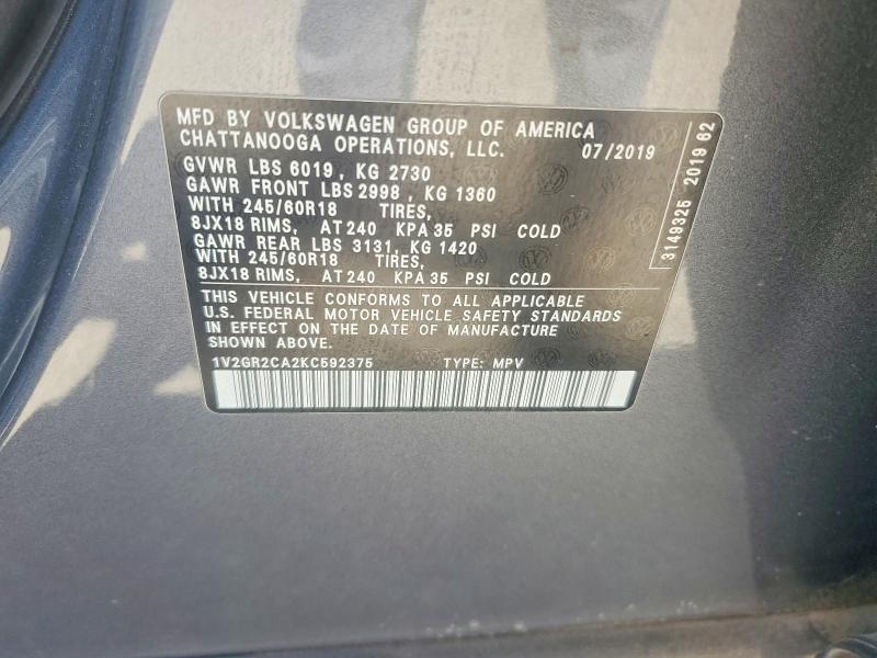 49976636 :رقم المزاد ، 1V2GR2CA2KC592375 vin ، 2019 Volkswagen Atlas مزاد بيع