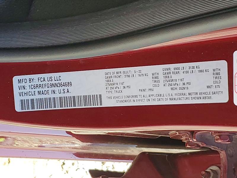 51131516 :رقم المزاد ، 1C6RREFG9NN364689 vin ، 2022 Ram 1500 مزاد بيع