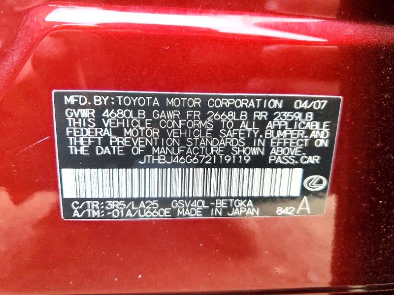 Aukcja sprzedaży 2007 Lexus Es, vin: JTHBJ46G672119119, numer aukcji: 51752206