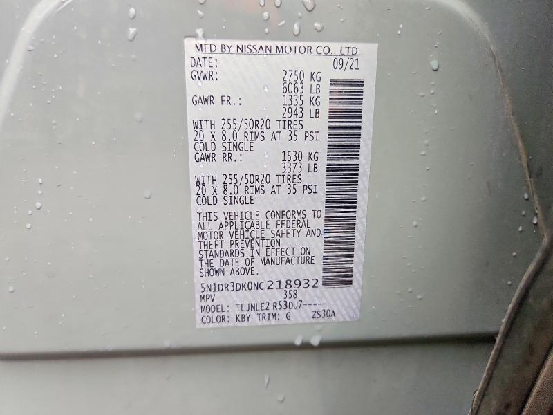 49563946 :رقم المزاد ، 5N1DR3DK0NC218932 vin ، 2022 Nissan Pathfinder مزاد بيع