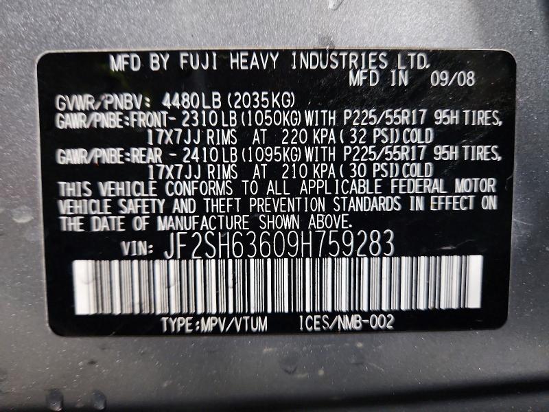50460056 :رقم المزاد ، JF2SH63609H759283 vin ، 2009 Subaru Forester مزاد بيع