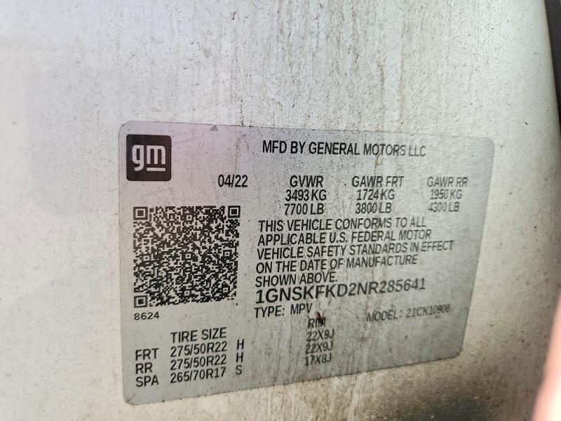 Aukcja sprzedaży 2022 Chevrolet Suburban, vin: 1GNSKFKD2NR285641, numer aukcji: 50638716