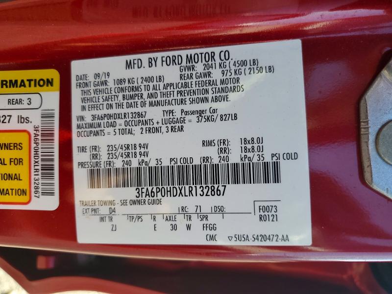 51182866 :رقم المزاد ، 3FA6P0HDXLR132867 vin ، 2020 Ford Fusion مزاد بيع