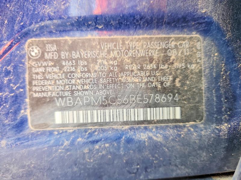 2011 Bmw 335 მანქანა იყიდება აუქციონზე, vin: WBAPM5C56BE578694, აუქციონის ნომერი: 51795976