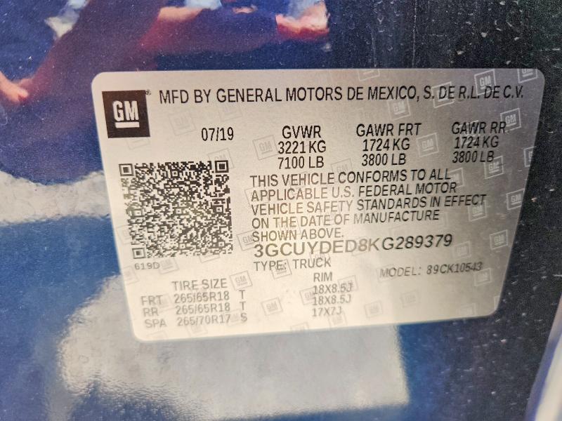 Продаж на аукціоні авто 2019 Chevrolet Silverado, vin: 3GCUYDED8KG289379, номер лоту: 50526576