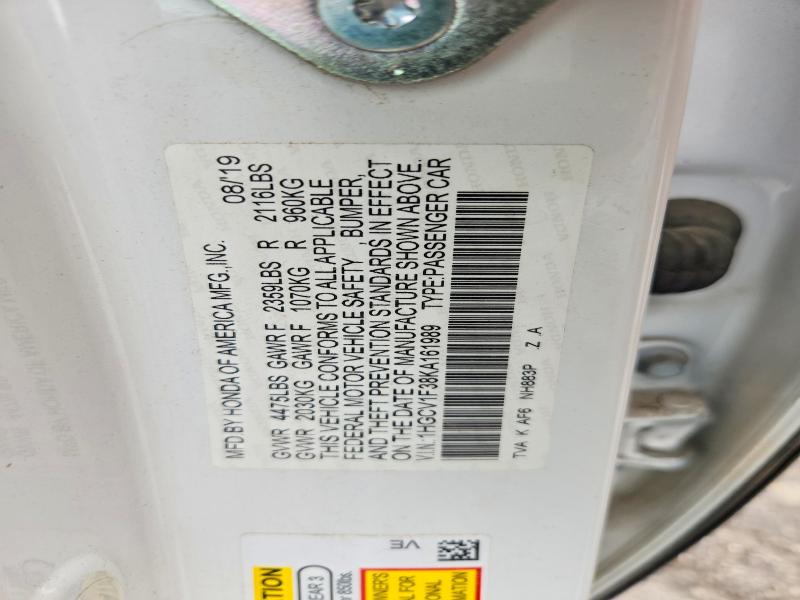 2019 Honda Accord მანქანა იყიდება აუქციონზე, vin: 1HGCV1F38KA161989, აუქციონის ნომერი: 49025216
