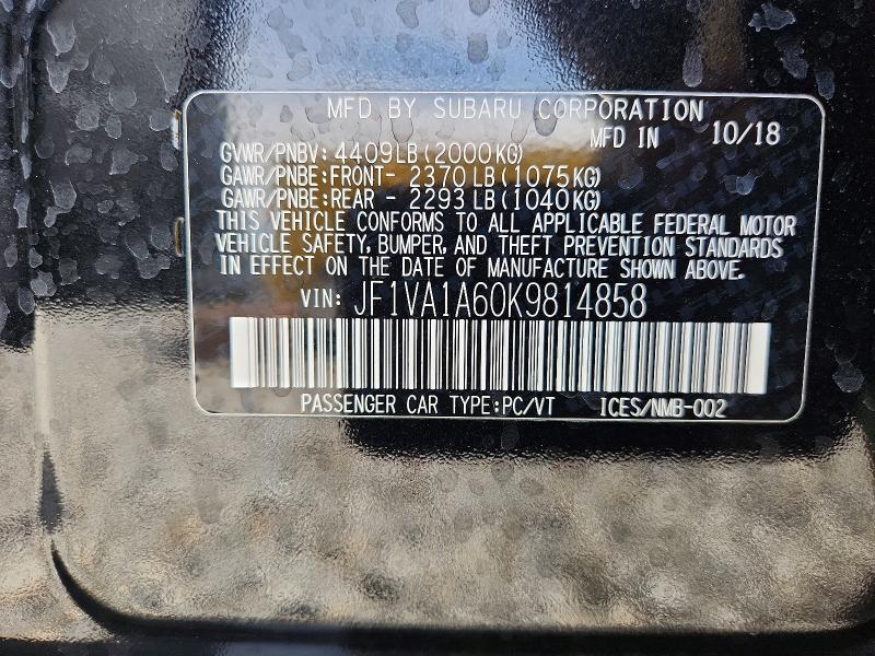 48517536 :رقم المزاد ، JF1VA1A60K9814858 vin ، 2019 Subaru Wrx مزاد بيع