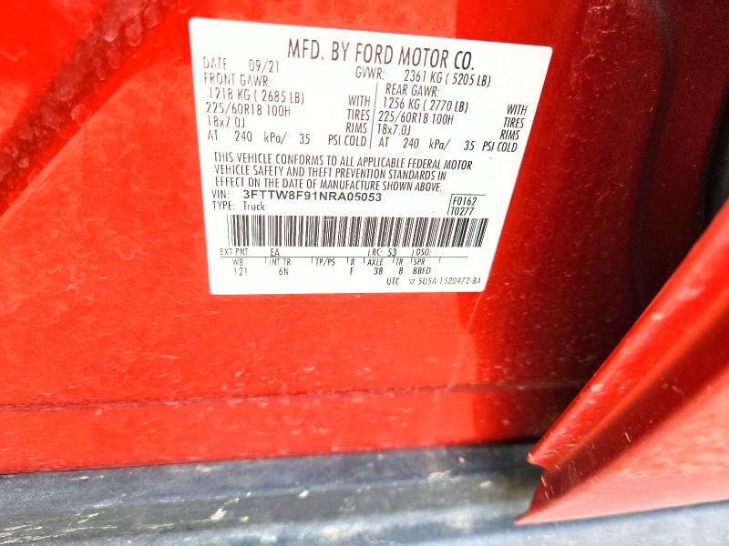2022 Ford Maverick მანქანა იყიდება აუქციონზე, vin: 3FTTW8F91NRA05053, აუქციონის ნომერი: 51197376