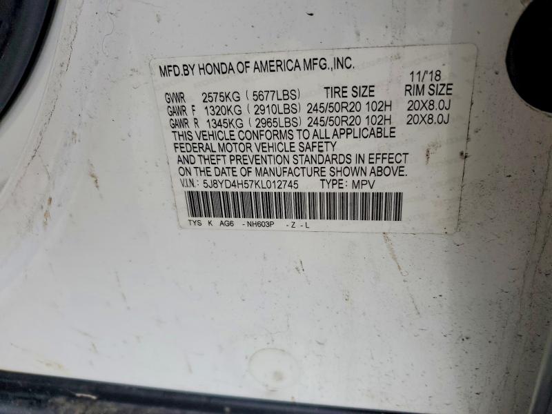 Aukcja sprzedaży 2019 Acura Mdx, vin: 5J8YD4H57KL012745, numer aukcji: 48077676