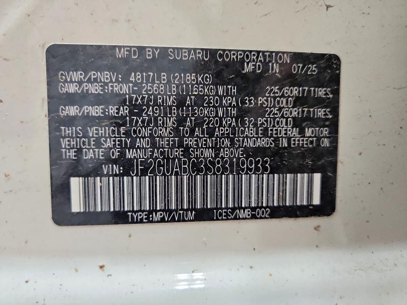 49977986 :رقم المزاد ، JF2GUABC3S8319933 vin ، 2025 Subaru Crosstrek مزاد بيع
