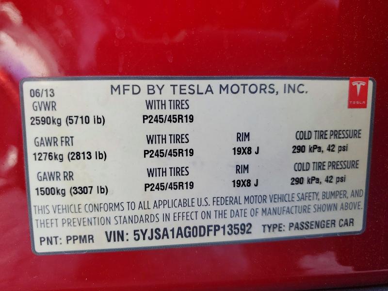 51165486 :رقم المزاد ، 5YJSA1AG0DFP13592 vin ، 2013 Tesla Model S مزاد بيع