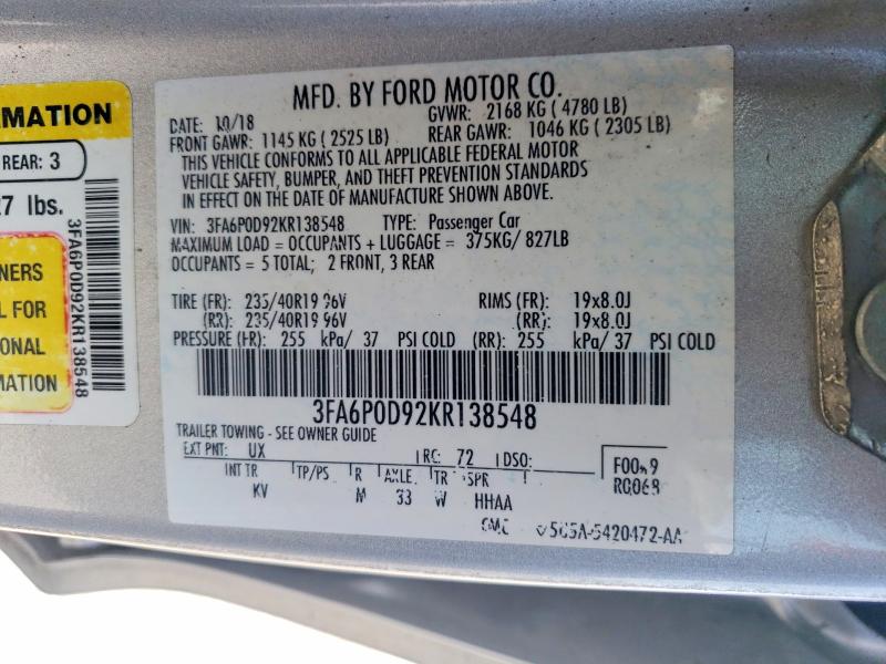 48545186 :رقم المزاد ، 3FA6P0D92KR138548 vin ، 2019 Ford Fusion مزاد بيع