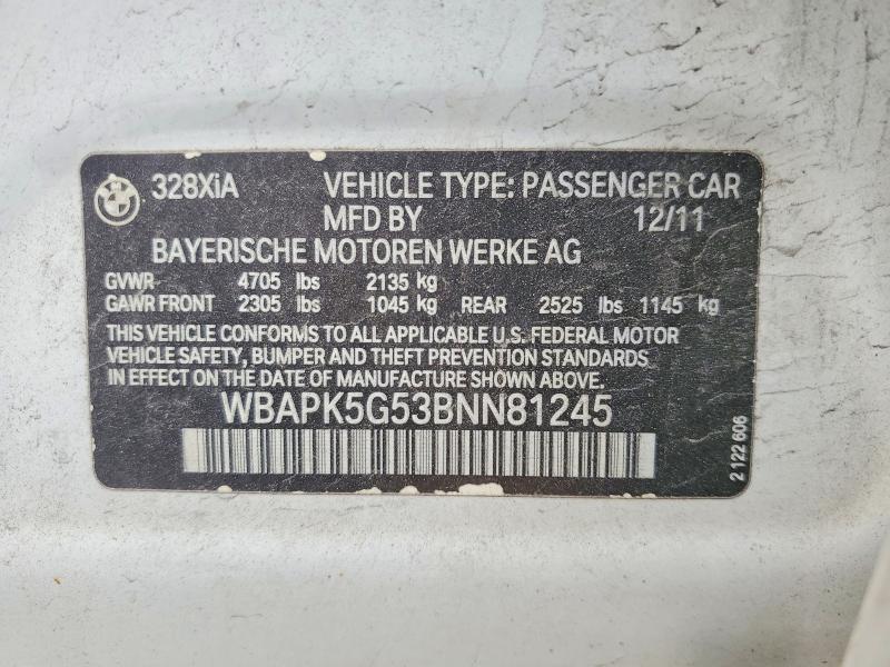 2011 Bmw 328 მანქანა იყიდება აუქციონზე, vin: WBAPK5G53BNN81245, აუქციონის ნომერი: 50893326