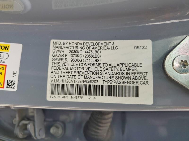 50988686 :رقم المزاد ، 1HGCV1F39NA059203 vin ، 2022 Honda Accord مزاد بيع