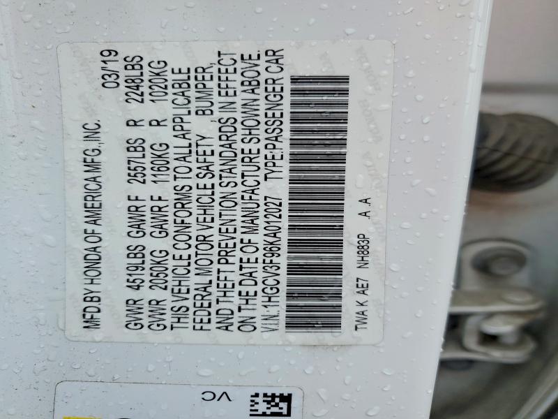 Продажа на аукционе авто 2019 Honda Accord, vin: 1HGCV3F96KA012027, номер лота: 48010506