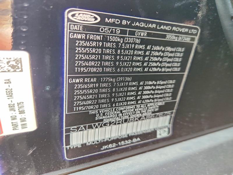 Aukcja sprzedaży 2019 Land Rover Range Rover Sport, vin: SALWG2RU8KA867675, numer aukcji: 51340216