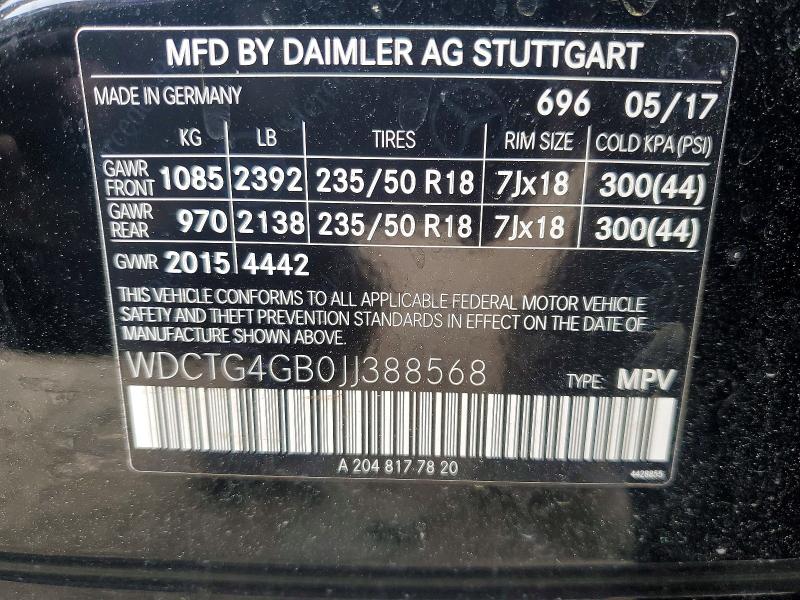 Aukcja sprzedaży 2018 Mercedes-benz Gla, vin: WDCTG4GB0JJ388568, numer aukcji: 51287576