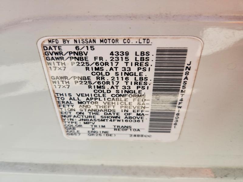 2015 Nissan Rogue Select მანქანა იყიდება აუქციონზე, vin: JN8AS5MT4FW160361, აუქციონის ნომერი: 50249156