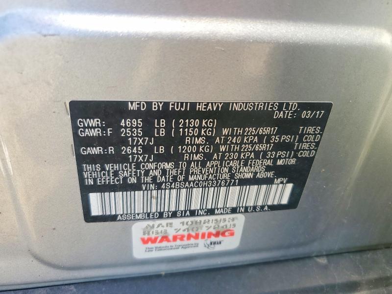 2017 Subaru Outback მანქანა იყიდება აუქციონზე, vin: 4S4BSAAC0H3376771, აუქციონის ნომერი: 50928076