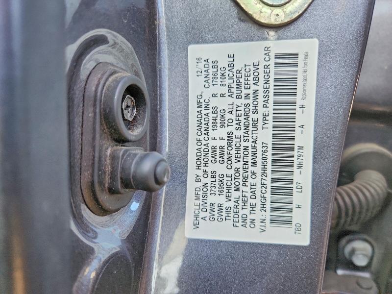 2017 Honda Civic მანქანა იყიდება აუქციონზე, vin: 2HGFC2F72HH507637, აუქციონის ნომერი: 50358126