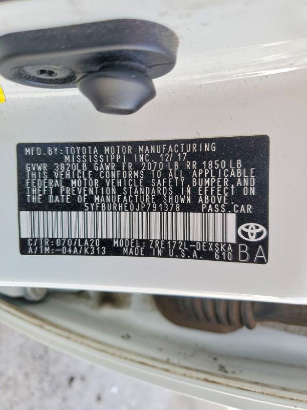Продаж на аукціоні авто 2018 Toyota Corolla, vin: 5YFBURHE0JP791378, номер лоту: 48606586