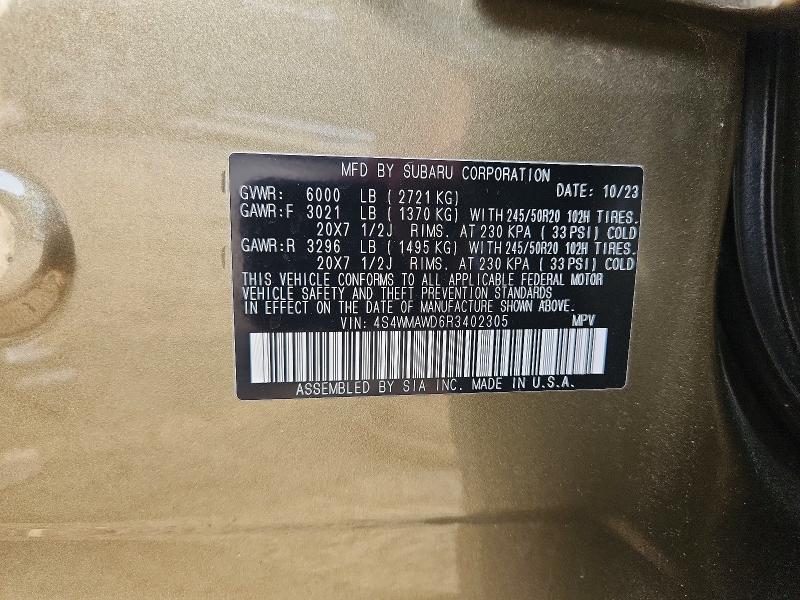 Продажа на аукционе авто 2024 Subaru Ascent, vin: 4S4WMAWD6R3402305, номер лота: 50087486