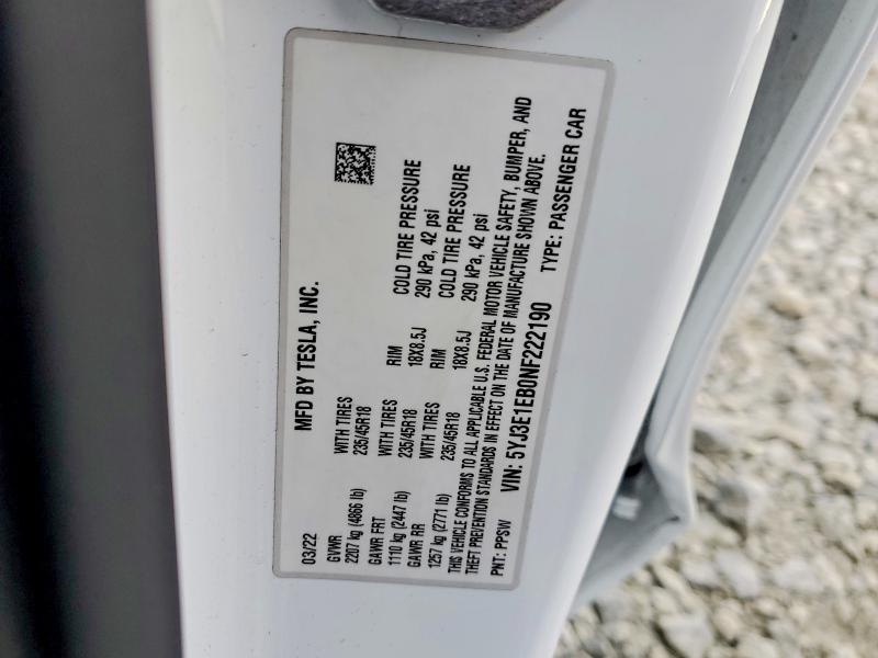 Aukcja sprzedaży 2022 Tesla Model 3, vin: 5YJ3E1EB0NF222190, numer aukcji: 48645586