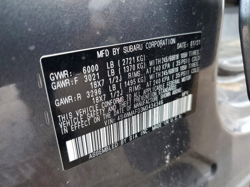 51306846 :رقم المزاد ، 4S4WMAFD3M3434346 vin ، 2021 Subaru Ascent مزاد بيع