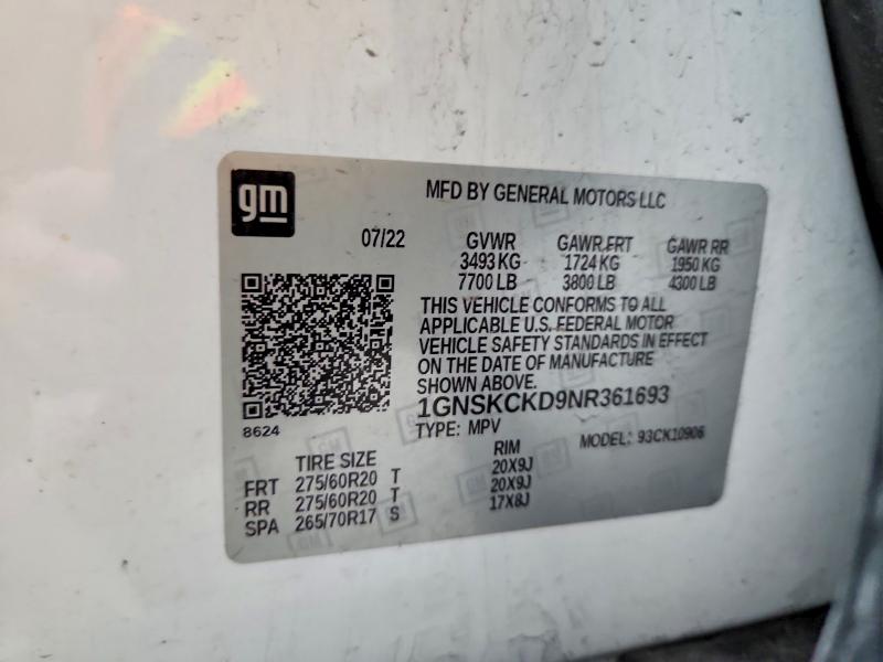 Продаж на аукціоні авто 2022 Chevrolet Suburban, vin: 1GNSKCKD9NR361693, номер лоту: 48807956