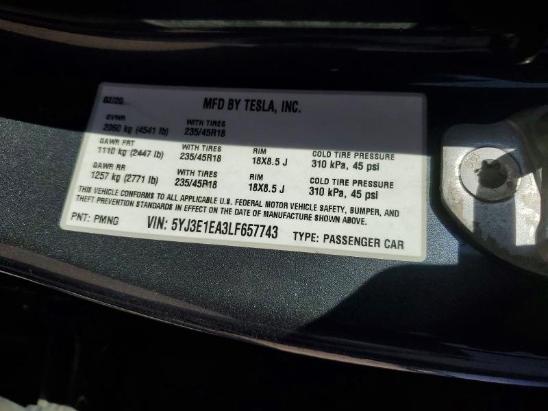49087926 :رقم المزاد ، 5YJ3E1EA3LF657743 vin ، 2020 Tesla Model 3 مزاد بيع