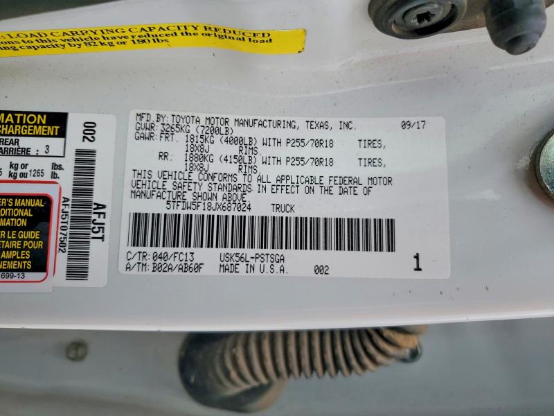 47208606 :رقم المزاد ، 5TFDW5F18JX687024 vin ، 2018 Toyota Tundra مزاد بيع