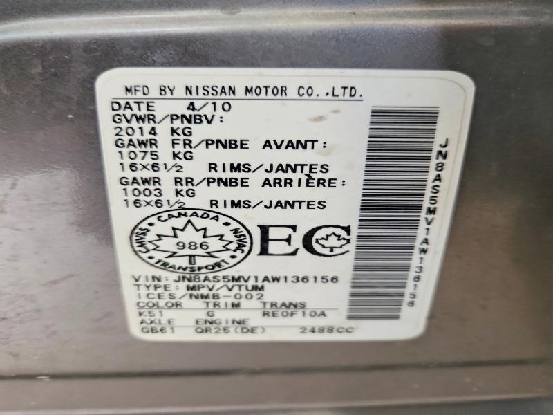 49410386 :رقم المزاد ، JN8AS5MV1AW136156 vin ، 2010 Nissan Rogue مزاد بيع