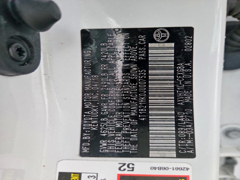 2018 Toyota Camry Hybrid მანქანა იყიდება აუქციონზე, vin: 4T1B21HK0JU007535, აუქციონის ნომერი: 50523676