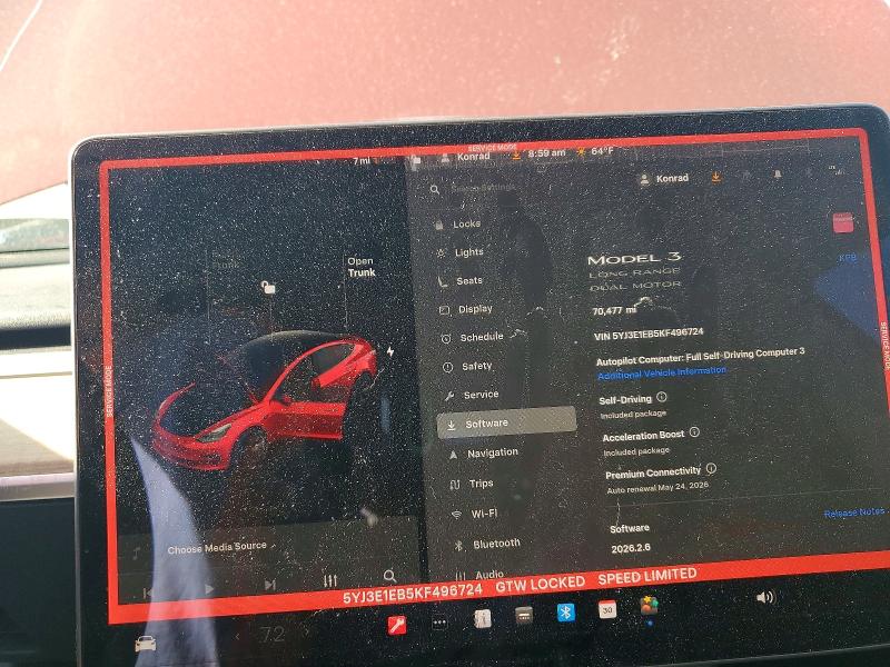 51167306 :رقم المزاد ، 5YJ3E1EB5KF496724 vin ، 2019 Tesla Model 3 مزاد بيع