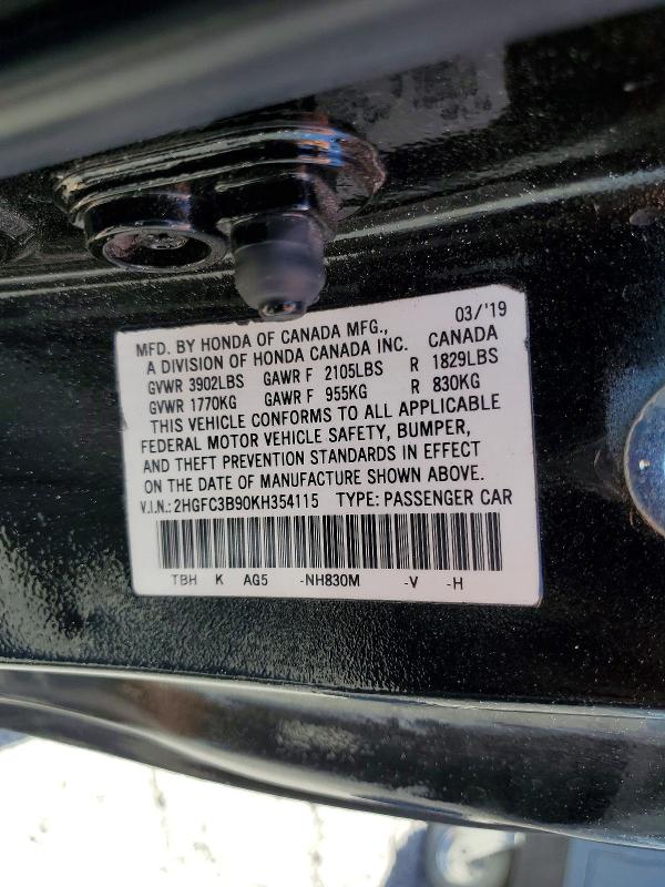 Aukcja sprzedaży 2019 Honda Civic, vin: 2HGFC3B90KH354115, numer aukcji: 50843826