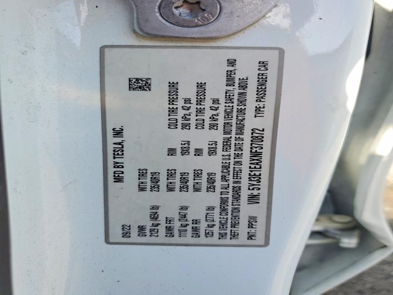 2022 Tesla Model 3 მანქანა იყიდება აუქციონზე, vin: 5YJ3E1EAXNF370872, აუქციონის ნომერი: 50843636