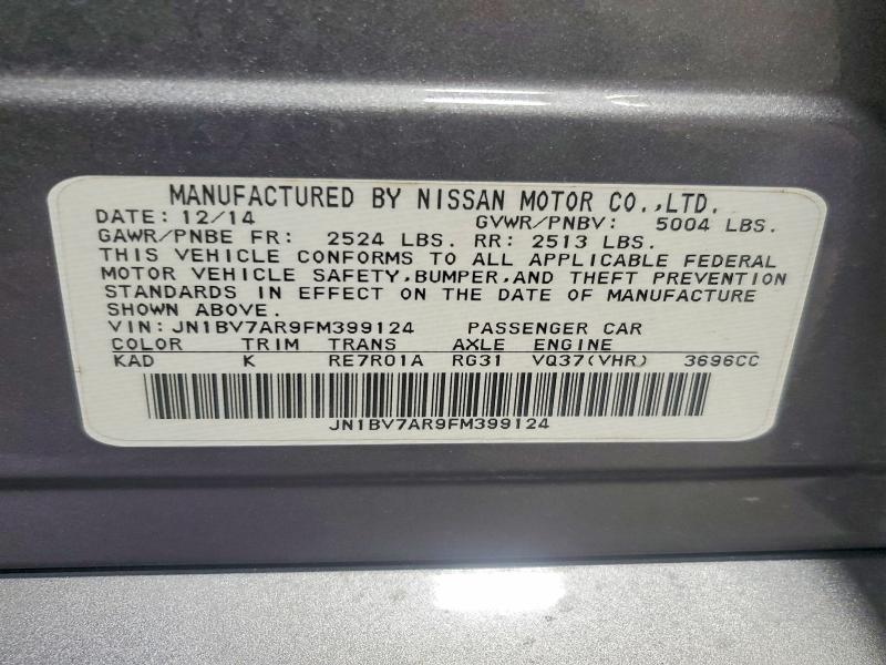 49480026 :رقم المزاد ، JN1BV7AR9FM399124 vin ، 2015 Infiniti Q50 مزاد بيع